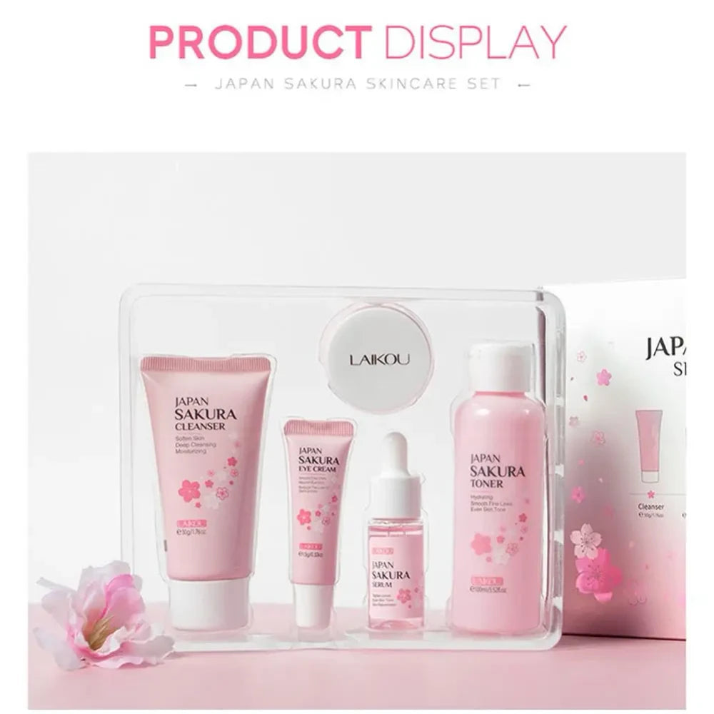 Conjunto de Cuidado com a Pele Sakura, Creme Facial, Creme para os Olhos, Limpador Facial, Sérum Suavizante, Cosméticos Coreanos para Cuidados com a Pele e Olhos